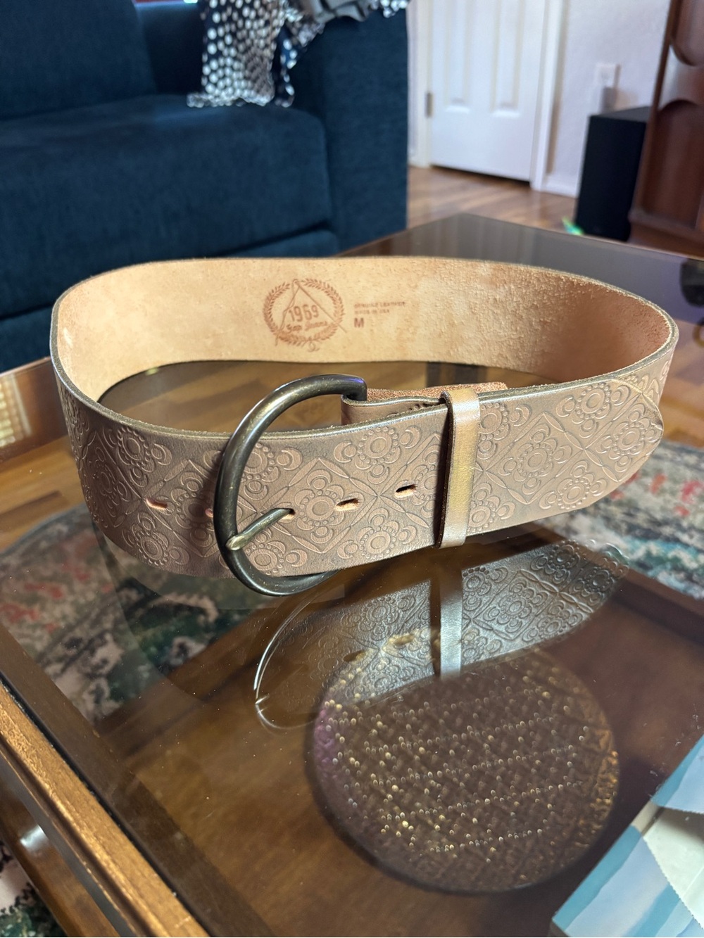 GAP Embossed Tan Leather Belt with Antique Brass Buckle